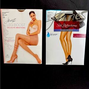 Hanes Leg Boost and Silk Reflections Pantyhose Set (2) beige & grey. New Size EF